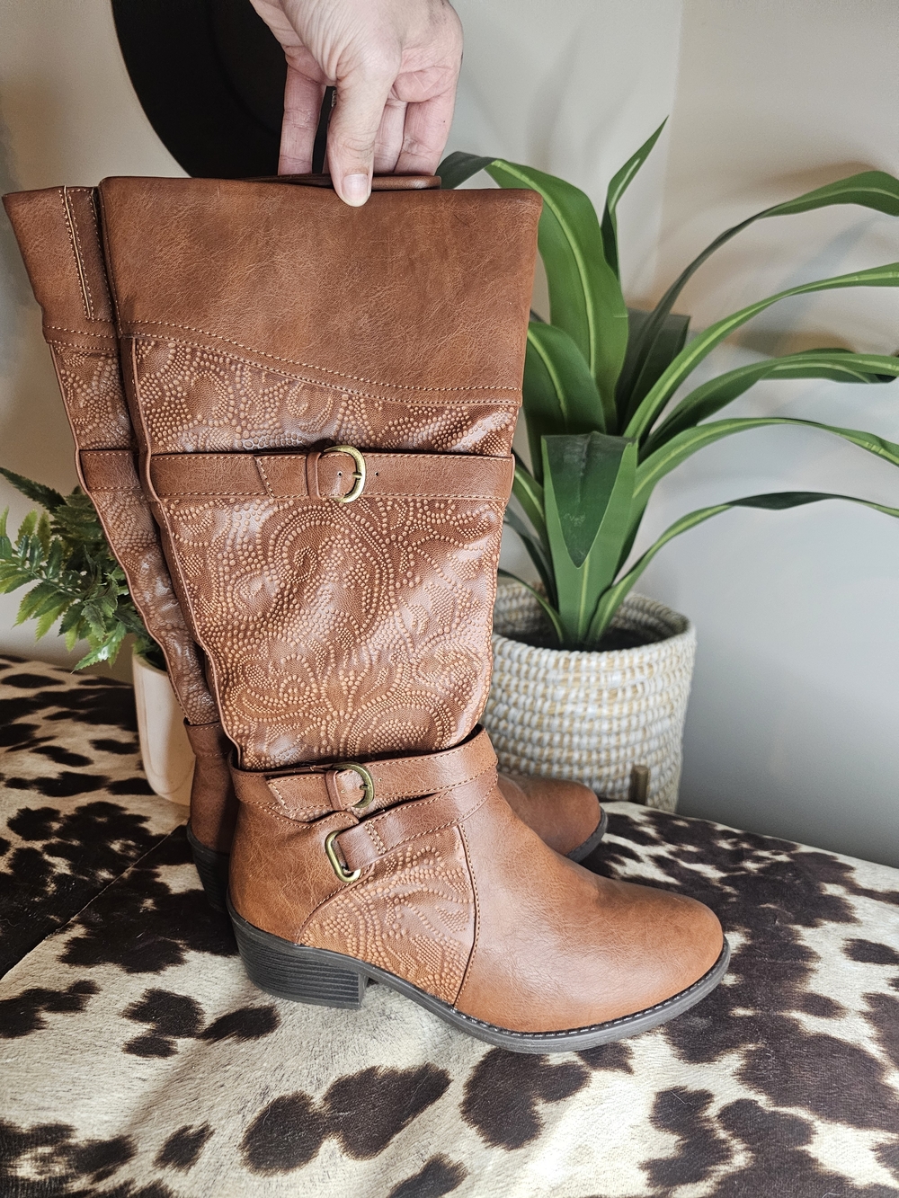 easy street Brown Embossed Mid-Calf Boots
